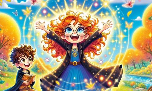 Dans un parc enchanté, Lila, une jeune sorcière de 10 ans aux cheveux en désordre couleur feu et portant de grandes lunettes rondes, se tient au centre de l'image, souriante et les bras levés vers le ciel, entourée d'une lueur scintillante. À ses côtés, Lucas, un garçon de 10 ans aux cheveux bruns en bataille, l'observe avec admiration, tenant un livre de potions. Le parc est vibrant, avec des arbres aux feuilles dorées, des fleurs colorées et des cerisiers en fleurs, sous un ciel bleu éclatant. Lila lance un sort de transformation, une lumière magique émanant de ses mains et des bulles colorées flottant autour d'eux, créant une atmosphère féerique et joyeuse.