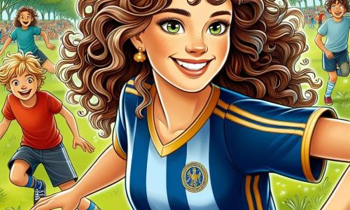 Clara, une jeune femme aux cheveux bruns et bouclés, est au centre de l'image, souriante et pleine d'énergie, dribblant un ballon de football sur un terrain verdoyant. Elle porte un maillot bleu et or, et ses yeux brillent de détermination et de joie. À sa droite, Maxime, un petit garçon de 8 ans aux cheveux blonds, l'observe avec admiration, impatient de montrer ses talents de footballeur. En arrière-plan, un groupe d'enfants s'amuse à jouer au football sur le terrain ensoleillé, créant une atmosphère joyeuse. La scène montre Clara enseignant aux enfants comment dribbler, partageant sa passion pour le football et les encourageant à s'amuser.