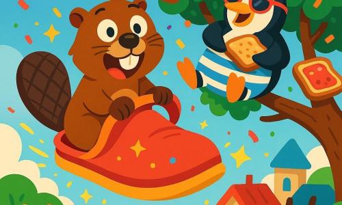 Gaston le castor, avec son pelage brun et ses grandes dents blanches, est assis sur une pantoufle volante, surpris et souriant. Il tient la bordure de la pantoufle avec ses petites pattes palmées. À côté, Pablo le pingouin, en tenue de baignade rayée et lunettes de soleil, est allongé sur une branche, riant et tenant une tartine géante. L'arbre à tartines magique est rempli de tartines colorées et de confettis, sous un ciel bleu éclatant. Gaston et Pablo volent au-dessus du village des animaux, entourés d'étincelles et de confettis, tandis que des animaux curieux les regardent, émerveillés par cette scène joyeuse.
