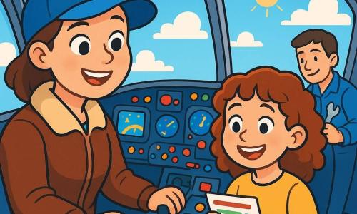 Lucie, une pilote souriante en casquette bleue et veste d’aviateur, se tient dans le cockpit de son avion, entourée de boutons colorés. À ses côtés, Amélie, une fillette de 10 ans, feuillette une check-list colorée. En arrière-plan, Tom, un homme d’une trentaine d’années en combinaison de mécanicien, ajuste un outil. Le cockpit est lumineux avec des fenêtres offrant une vue sur un ciel bleu et des nuages blancs. Lucie et Amélie préparent le vol, tandis qu'un petit garçon assis dans le siège passager admire le paysage, prêt pour une aventure dans les airs.