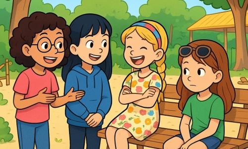 Il y a quatre enfants : Léa, une fille de 9 ans avec des cheveux bruns bouclés et des lunettes rondes, souriante en racontant une histoire ; Inès, avec des cheveux blonds tressés et un bandeau coloré, riant sur un banc ; Sofia, avec des cheveux noirs lisses et une frange, écoutant Léa attentivement ; et Manon, avec des cheveux châtains et des lunettes de soleil, observant les autres. L'action se déroule dans la cour de l'école, entourée d'arbres et de fleurs, où les enfants jouent joyeusement. Ils remarquent une nouvelle élève, Emma, assise seule, hésitant à l'inviter, illustrant leur amitié et leur désir d'inclusion.
