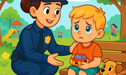 Une policière nommée Marie, d'une trentaine d'années, avec des cheveux bruns en chignon et un sourire chaleureux, porte un uniforme bleu marine avec un insigne brillant. Elle est accroupie pour réconforter un jeune garçon de 7 ans, blond et en larmes, qui tient un jouet. Ils se trouvent dans un parc verdoyant, entourés d'arbres et de fleurs. Des enfants jouent au loin. Marie parle avec douceur et compassion au garçon perdu, tandis qu'un petit chien curieux s'approche, ajoutant de la tendresse à la scène.