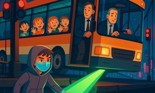Un adolescent, Noham/Nova-Veil, capuche grise et masque bleu translucide, concentré, projette une large rampe de lumière verte depuis un bracelet pour soutenir un bus immobilisé au milieu d’un grand pont suspendu la nuit; le chauffeur pâle, costume froissé, reste immobile à la porte, tandis que plusieurs enfants collent le nez aux vitres, émerveillés par les lampes intérieures; câbles verticaux et structure métallique rouillée surplombent une eau noire réfléchissant néons roses et bleus, des feux rouges clignotent, de petits drones lumineux survolent la scène — palette vive (bleu nuit, vert néon, rose fuchsia, touches d’orange), lignes nettes, formes simples et ombres douces, rendu vectoriel propre pour un album jeunesse.