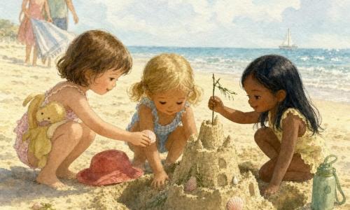 Trois fillettes de 3 ans construisent un château de sable au bord de l'eau : à gauche Louise, cheveux bruns courts, doudou jaune, accroupie en train de poser une coquille ; au centre Inès, cheveux blonds en couettes, chapeau rouge à côté, creusant un fossé ; à droite Maïa, cheveux noirs lisses, petite gourde verte à côté, plantant une brindille en drapeau. Plage au sable doré, petites vagues, ciel bleu clair, quelques coquillages et algues près du château, lumière du matin douce et pastel, parents flous souriants en arrière-plan apportant une serviette.