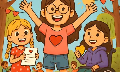 Trois personnages sont présents : Zoé, une fille de 12 ans avec de longs cheveux bruns, des lunettes rondes et un t-shirt rose, qui lève les bras avec enthousiasme ; Léa, également âgée de 12 ans, avec des cheveux blonds en tresses et une robe rouge à pois blancs, tenant un indice en forme de poème ; et Chloé, brune et assise dans un fauteuil roulant décoré de cœurs, tenant un biscuit en forme de cœur. L'action se déroule dans un parc verdoyant, où des guirlandes de cœurs en papier sont accrochées aux arbres et des enfants jouent autour. Les trois amies célèbrent la Saint-Valentin en pleine chasse au trésor, échangent des sourires et profitent d'un moment de camaraderie joyeuse.
