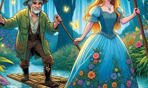 La princesse Lysiane, une jeune fille d'environ 12 ans aux longs cheveux dorés, porte une robe en velours bleu ciel ornée de fleurs brodées. Elle se tient sur un radeau de branches d'osier, les bras tendus, prête à traverser une rivière étincelante. À ses côtés, Célestin, un jardinier de 60 ans en veste verte, sourit bienveillant avec une canne en bois, prêt à la guider. Ils naviguent sur la rivière magique entourée d'arbres luxuriants et de fleurs colorées, avec des papillons phosphorescents illuminant la scène, symbolisant leur quête de confiance et d'aventure.