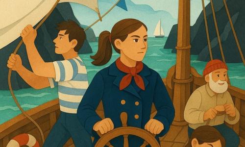 Lina, capitaine au visage déterminé, cheveux en queue de cheval, veste de marin bleu foncé et foulard rouge, tient la barre en bois au centre du pont tandis que Mathis, adolescent grand et costaud aux cheveux bruns, tire sur une voile près du mât arrière et Mina, espiègle en natte, vérifie des cordages et une petite boîte dans sa poche accroupie près d’un coffre; Karo, vieux marin barbu aux yeux rieurs, frappe doucement un tambourin près du mât central. Le bateau glisse prudemment entre deux écueils sombres encadrant une passe d’eau verte brillante, guidant un convoi de petits bateaux, sur un pont en bois poli avec cordages, grandes voiles blanches texturées, drapeaux et fanions flottants, mer miroitante et léger brouillard, composition centrée aux couleurs vives, formes nettes et textures papier apparentes.