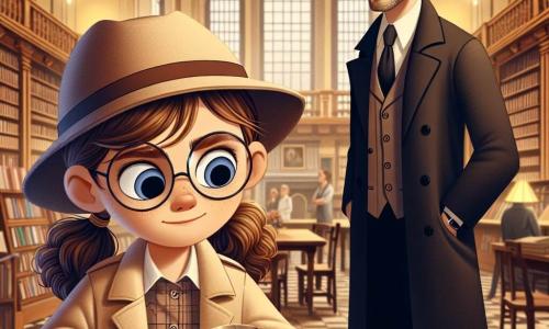 Léa, une jeune détective de 10 ans, se tient au centre de l'image, avec des cheveux bruns en queue de cheval et des lunettes rondes. Elle porte un trench-coat beige et un chapeau de détective, examinant une carte ancienne avec une loupe. À côté d'elle, un homme d'environ 30 ans, vêtu de noir, semble inquiet et hésitant. Le décor est une bibliothèque municipale avec des étagères de livres anciens et une lumière douce. Léa enquête sur un collier disparu, tandis que l'homme en noir semble sur le point de révéler un secret, créant une tension dans l'illustration.
