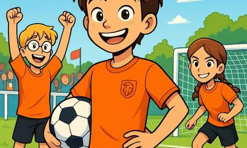Un garçon de 12 ans, Yan, aux cheveux bruns en bataille et aux yeux pétillants, se tient sur un terrain de foot verdoyant avec un ballon sous le bras. Il porte un maillot orange avec le logo des Lionceaux et des shorts noirs, affichant un large sourire. À côté de lui, Lucas, également âgé de 12 ans, aux cheveux blonds et aux lunettes, fait un geste de victoire en levant les bras. Anna, une fille de 11 ans avec des tresses et un sourire éclatant, se prépare à tirer au but, concentrée et énergique. Le terrain est entouré de barrières blanches et de spectateurs brandissant des drapeaux colorés, sous un ciel bleu clair avec des nuages blancs. La scène dégage une ambiance de camaraderie et d'enthousiasme, capturant le moment où Yan et ses amis célèbrent un but marqué ensemble.