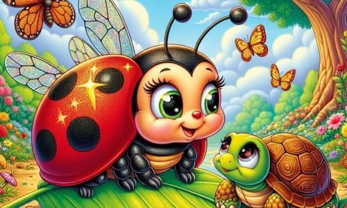 Une coccinelle nommée Lila, avec un dos rouge et des pois noirs, se tient sur une feuille verte, les yeux pétillants et un sourire joyeux. À ses côtés, une tortue nommée Hortense, avec une carapace brune, l'observe avec bienveillance, assise sur le sol entourée de fleurs colorées. En arrière-plan, un jardin luxuriant avec des fleurs éclatantes, des papillons et un grand chêne se dessine sous un ciel bleu parsemé de nuages. Lila est prête à partir à l'aventure, entourée de ses amis, avec un pois doré sur son dos, symbolisant la magie et le courage.