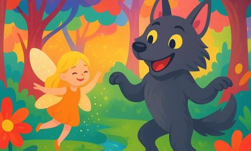Un loup-garou aux yeux brillants et au pelage soyeux danse sur ses pattes arrière dans la Forêt Arc-en-Ciel, aux arbres multicolores et aux fleurs géantes. À ses côtés, la fée Paillette vole en lançant des étincelles de magie. Ils préparent une grande fête pour célébrer l’amitié, entourés de lumières et de rires.