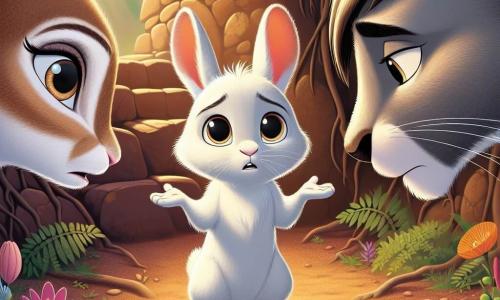 Léon, un jeune lapin aux grandes oreilles et à la fourrure blanche, affiche une expression d'inquiétude en se tenant sur ses pattes arrière, les pattes avant levées. Sa maman, une lapine marron clair, le regarde avec surprise et tendresse, tandis que son papa, un lapin gris, semble réfléchir, perdu dans ses pensées. Le décor est un terrier douillet avec des murs en terre, des racines d'arbres, des fleurs colorées et une lumière douce. Léon cherche à exprimer ses sentiments face aux disputes de ses parents, capturant un moment de tension et d'espoir pour une communication salvatrice.