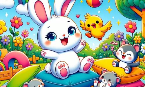 Dans un jardin ensoleillé, Lapinou, un lapin aux grandes oreilles et au pelage blanc, saute de joie, entouré de coussins colorés. Crocotte, une souris avec un nœud rose, glisse sur un coussin et rit en trébuchant. Léo, un chaton pelucheux, joue avec une balle rouge à côté de Lapinou. Oscar, un canard jaune, est allongé sur le dos, riant. Le jardin est rempli de fleurs colorées et d'arbres verdoyants, créant une ambiance joyeuse où les amis s'amusent ensemble.