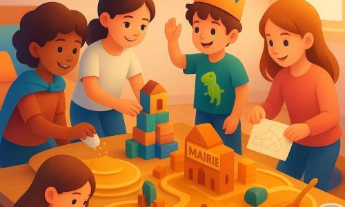 Cinq enfants construisent une micro-ville comestible appelée « Blokville » dans un salon-cuisine transformé : Lina (12 ans, cheveux bruns attachés) protège une petite mairie en blocs posée sur la table, Nino (8 ans, t-shirt dinosaure) se tient sur un siège et fait un discours de maire, Inès (12 ans, cheveux bouclés) saupoudre du sucre sur une « rue » de crêpe, Maëlle (12 ans, cheveux châtains) aligne des pépites et compte, et Zoé (12 ans, cheveux longs) tient un plan et ajoute un petit pont en crêpe. La scène est joyeuse et chaleureuse, avec des crêpes comme places et ponts, pépites en trottoirs, guimauves en nuages, coussins colorés, lumière chaude venant de la fenêtre et quelques ustensiles et un pot de sucre sur le plan de travail.