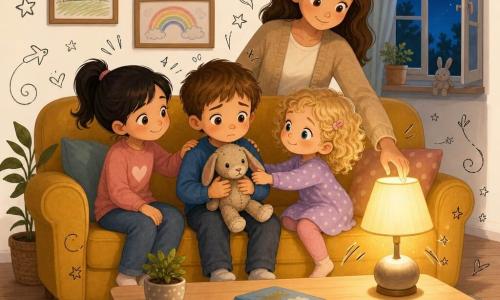 Quatre personnages dans un salon chaleureux au crépuscule : Lucas (garçon d’environ 4 ans, cheveux châtains courts, yeux grands et inquiets) assis au centre du canapé moutarde serrant une peluche usée contre sa poitrine, Jade (fille d’environ 5 ans, cheveux noirs en couette, sourire rassurant) assise à sa gauche la main droite posée sur son épaule, Nina (fille d’environ 3 ans, cheveux bouclés blonds, joueuse et douce) assise à sa droite tendant la peluche avec un petit bras, et Maman (femme dans la trentaine, cheveux longs bruns, regard gentil) debout derrière le canapé en train d’allumer une petite lampe sur la table basse en bois clair; la lampe diffuse un halo de lumière jaune douce autour des enfants tandis que le reste de la pièce est légèrement bleuté, la fenêtre montre un coin de ciel bleu foncé et quelques étoiles, le tapis à motifs géométriques et les murs couleur crème décorés de dessins d’enfant encadrés complètent l’atmosphère, avec de petites décorations doodle (étoiles, cœurs, lignes scintillantes) en overlay pour accentuer la sécurité et la chaleur.