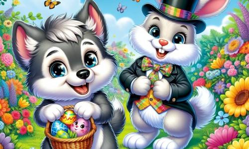 Un petit loup nommé Léo, avec un pelage gris et des yeux curieux, se tient dans un jardin coloré, souriant. Il a un panier en osier rempli d'œufs en chocolat et saute de joie. À côté de lui, un lapin blanc élégant, avec un chapeau haut-de-forme et une cravate colorée, sourit et tient une petite fleur. Le jardin est rempli de fleurs éclatantes, de guirlandes colorées et d'œufs en chocolat cachés. Le ciel est bleu avec des nuages, et des papillons volent autour. Léo découvre un œuf coloré sous un buisson, émerveillé, tandis que le lapin l'observe avec un sourire, prêt à l'accompagner dans sa chasse aux œufs.