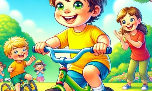 Léo, un garçon de 6 ans aux cheveux bruns en bataille et aux yeux pétillants, est assis sur son vélo sans petites roues, souriant de fierté. Il porte un t-shirt jaune et un short bleu, ses pieds touchant à peine les pédales. À côté, son ami Max, également âgé de 6 ans, applaudit, vêtu d'un t-shirt rouge et d'un short vert. Leur maman, souriante, les observe avec fierté, tandis que leur petite sœur Mia, 4 ans, tape dans ses mains, émerveillée. La scène se déroule dans un parc verdoyant sous un ciel bleu, où Léo essaie de pédaler seul, encouragé par les cris de joie de Max, créant une atmosphère de bonheur.
