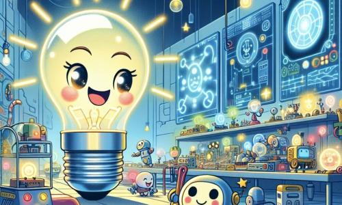 Luminette, une petite ampoule souriante, brille d'excitation dans un atelier futuriste rempli d'inventions. À ses côtés, Tink, un petit robot aux formes arrondies, travaille avec concentration. L'atelier est vaste, avec des murs de circuits électriques colorés, des machines bourdonnantes et des hologrammes flottants. Au fond, un grand tableau présente un générateur d'énergie propre, entouré de câbles. Luminette et Tink réparent le générateur d'énergie alors qu'une alarme retentit, créant une atmosphère d'urgence et d'excitation.
