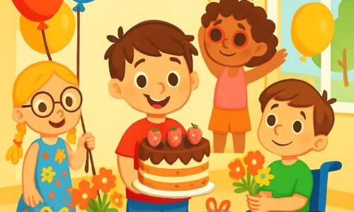 Quatre enfants se préparent pour la fête des mères : Timéo, 7 ans, avec des cheveux bruns et un t-shirt rouge, tient un grand gâteau ; Emma, 6 ans, avec des cheveux blonds tressés et une robe à fleurs, tient des ballons ; Hugo, 8 ans en fauteuil roulant, porte un t-shirt vert et tient un bouquet de fleurs ; Zoé, 7 ans avec des cheveux bouclés et un débardeur rose, décore la table. Ils sont dans le salon de Timéo, rempli de ballons et de guirlandes, avec une table centrale ornée de gâteau, fleurs et cadeaux. L'ambiance est joyeuse et festive, les enfants rient et s'amusent, prêts à accueillir la maman de Timéo.