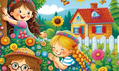 Dans un jardin ensoleillé, Émilie, une petite fille de 8 ans aux longs cheveux bruns et au chapeau coloré, sourit en jouant. À côté d'elle, Léa, 7 ans, aux cheveux blonds et tressés, se cache derrière un arbre en riant. Plus loin, Zoé, 8 ans, aux cheveux châtains et lunettes rondes, est accroupie derrière un buisson, prête à compter. Le jardin est rempli de fleurs colorées, avec des papillons et un ciel bleu. Au fond, une petite maison en bois avec des volets rouges est entourée de verdure. La scène illustre l'amitié et la joie des filles en jouant à cache-cache, tout en mettant en avant la force d'Émilie face à sa maladie.