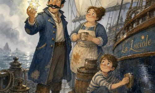 Le capitaine Malo, moustache en croc noire, sourit bienveillant dans son manteau marin bleu usé et ses bottes salées, tenant de la main droite l’Étoile de Brume qui diffuse une lueur pâle et chaude ; à côté, Lili la cuisinière, la trentaine, ronde et chaleureuse, cheveux en chignon et tablier taché, tient une tasse de chocolat chaud près d’un tonneau ; le jeune Jonas, mousse d’environ 10 ans, cheveux courts, accroupi, cire la coque réparée près des pieds du capitaine. La scène se passe sur le pont humide de La Luciole, cordages enroulés et grande voile blanche gonflée, la mer grise scintille à l’arrière tandis qu’un brouillard léger se décroche en rideaux ; l’Étoile éclaire doucement le retrait du brouillard, créant une ambiance d’aventure rassurante en lavis bleu-gris aux touches chaudes.
