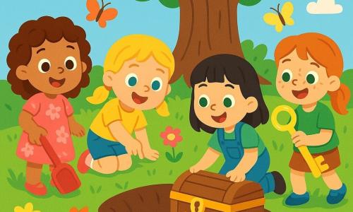 Quatre enfants sont réunis dans un jardin ensoleillé rempli de fleurs colorées. Lila, 3 ans, avec des cheveux bruns bouclés, porte une robe rose à fleurs et tient une pelle en plastique. Mia, également 3 ans, a des cheveux blonds tressés et porte un t-shirt jaune et un short en jean, elle pointe une fourmi sur le sol. Zoé, avec des cheveux noirs lisses et une salopette bleue, tire un coffre en bois décoré d'étoiles dorées. Chloé, aux cheveux roux et taches de rousseur, tient une clé dorée, prête à ouvrir le coffre. Les quatre amies sont en pleine aventure, creusant autour du chêne à la recherche d'un trésor caché, leurs visages rayonnants de joie.