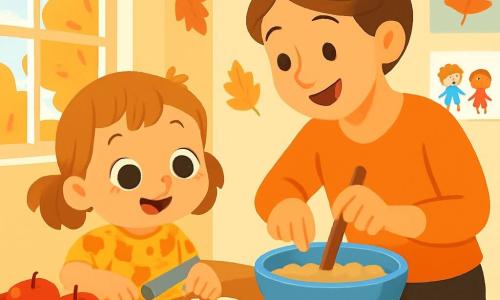 Une petite fille de 2 ans, Lili, avec de grands yeux brillants et un sourire radieux, coupe des pommes rouges sur une table en bois. Elle porte une robe jaune avec des motifs de feuilles d'automne. À côté d'elle, la maîtresse, une femme souriante d'environ 30 ans, lui montre comment mélanger les ingrédients. La scène se déroule dans une classe lumineuse, décorée de feuilles colorées et de dessins d'enfants. Lili et la maîtresse préparent une compote de pommes, remplissant l'air d'un parfum sucré et épicé, partageant un moment de bonheur et de créativité.