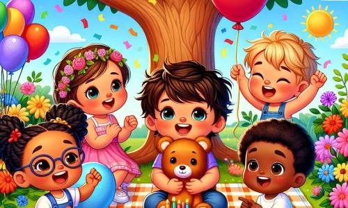 Au centre de l'image, Tom, un garçon de deux ans avec des cheveux bruns et des yeux pétillants, sourit en tenant un ours en peluche. À sa droite, Lily, quatre ans, danse en riant avec sa robe rose. À gauche, Max, trois ans, pointe un ballon rouge flottant. Zoé, cinq ans, est assise sous un arbre avec une assiette de gâteau coloré. Le jardin ensoleillé est rempli de fleurs et d'un grand arbre offrant de l'ombre, avec une nappe à carreaux et un gâteau d'anniversaire décoré. Tom et ses amis chantent "Joyeux anniversaire" avec des sourires radieux, célébrant ce moment joyeux.
