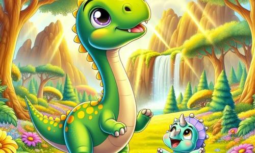 Un jeune diplodocus nommé Dino, avec un long cou vert et des taches jaunes, se tient au centre d'une clairière, les yeux brillants d'émerveillement. À ses côtés, un petit tricératops nommé Tria, avec trois cornes et une peau bleu clair, saute joyeusement. La clairière, baignée de lumière dorée et entourée d'arbres majestueux, est ornée de fleurs colorées et de cascades scintillantes. Dino et Tria explorent ce monde caché, émerveillés par la beauté qui les entoure, prêts pour une aventure pleine de surprises.