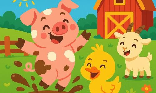 Un cochon rose avec des taches blanches, Pipo, saute joyeusement dans une flaque de boue, souriant de façon espiègle. À côté, un canard jaune, Titi, rit en évitant les éclaboussures. Plus loin, une petite chèvre, Lila, les observe en riant. La scène se déroule dans une ferme colorée, entourée de champs verdoyants et de fleurs, avec une grange rouge en arrière-plan. Pipo fait une farce en tombant dans la boue, éclaboussant ses amis, tandis qu'ils rient ensemble sous un ciel bleu ensoleillé.