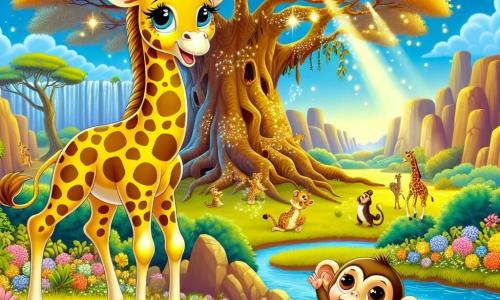 Une girafe nommée Gigi, au pelage jaune et aux taches brunes, se tient au centre de la scène, chantant pour éveiller la magie d'un arbre majestueux. À ses côtés, un petit singe nommé Samy, avec un pelage brun, saute de joie sur une branche en battant des mains. En arrière-plan, un arbre ancien aux feuilles dorées et un ruisseau aux eaux cristallines créent une ambiance enchantée. La scène évoque le bonheur et la camaraderie, alors que les animaux de la savane se rassemblent pour célébrer l'amitié et la magie de la nature.