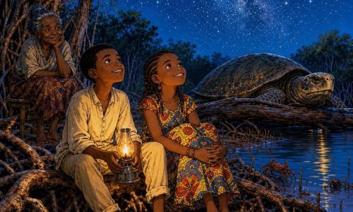 Amadou, un jeune garçon aux cheveux courts noirs et à la peau bronzée, assis sur une racine de palétuvier, tient une petite lampe à huile cabossée dont la flamme tremblote; à côté de lui Binta, environ 12 ans, tresse serrée et robe wax, souriante et attentive, regarde le ciel; un peu en retrait Ma Sira, femme âgée au chignon gris, assise sur un petit tabouret, les yeux bienveillants; une tortue gigantesque à mi-chemin dans l'eau boueuse repose sur un tronc tombé en arrière-plan; lieu : clairière de mangrove au bord d'un canal, racines noueuses, eau sombre reflétant la lueur, boue roussâtre et herbes salées; nuit étoilée avec la Voie lactée visible, ambiance paisible et magique tandis que la lampe éclaire leurs visages.