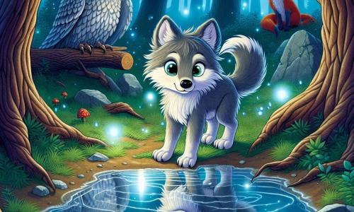 Un petit loup nommé Lupi, avec une fourrure grise et des yeux curieux, se tient au bord d'une mare argentée, émerveillé et un peu craintif en regardant son reflet. À proximité, un hibou aux plumes d'argent, perché sur une branche, l'observe avec sagesse. Dans le fond, un renard rusé, au pelage roux vif, se cache derrière un arbre avec un sourire malicieux. La scène se déroule dans une clairière enchantée, entourée d'arbres noueux et de feuilles scintillantes sous la lune, tandis que des lucioles bleues dansent autour de la mare, créant une ambiance magique. Lupi se prépare à plonger dans l'eau pour découvrir le Royaume des Ombres, un moment de tension et d'excitation face à l'inconnu.