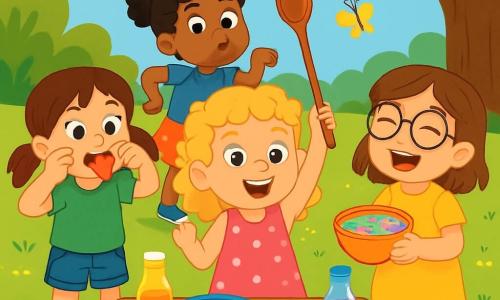Quatre enfants sont présents : Zoé, 5 ans, avec des cheveux bouclés et blonds, souriante au centre avec une cuillère en bois ; Emma, 5 ans, cheveux bruns en couettes, à gauche de Zoé, faisant une grimace ; Léa, 5 ans, cheveux châtains et lunettes, à droite de Zoé, riant avec un bol coloré ; et Mia, 5 ans, cheveux noirs et frisés, derrière Zoé, mimant une marche de robot. Ils se trouvent dans un jardin ensoleillé, avec une table en bois chargée de mélanges étranges, de fruits et de jus. Ils relèvent un défi gustatif, goûtant des mélanges bizarres et riant ensemble, créant une ambiance joyeuse.