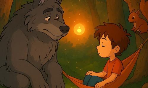 Marou, un loup-garou massif à la fourrure grise en mèches épaisses et au regard doux, est assis paisiblement sur la mousse face à Nino, un garçon d'environ 9 ans aux cheveux bruns en bataille, assis dans un petit hamac suspendu, main sur la corde ; une lanterne flottante dorée éclaire leurs visages tandis qu'un écureuil roux les observe depuis une branche, la clairière mousseuse parsemée de champignons et d'une pierre humide reflète la lumière orangée du crépuscule avec des lucioles, et les deux partagent un moment serein de respiration synchrone, rendu dans un style cartoon années 90 aux couleurs saturées et contours arrondis.