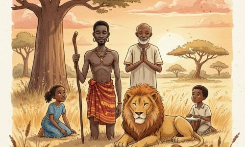 Nuru, grand et mince aux cheveux crépus sombres, est agenouillé, visage serein, portant un pagne tissé rouge et jaune et tenant un bâton de marche sculpté ; derrière lui se tient Mzee Juma (≈70 ans), barbe blanche courte, peau ridée, sourire doux, mains jointes en bénédiction ; une fillette d'environ 8 ans en robe bleue à motifs est accroupie à gauche, mains sur la terre, regard émerveillé, et un garçon d'environ 10 ans est assis à droite, pantalon clair et petit tambour à côté, regard attentif ; un lion majestueux au pelage doré et à la crinière rousse est couché à quelques pas, yeux fermés mais alerte ; lieu : clairière de savane aux herbes hautes dorées, grand baobab en bordure, quelques acacias tordus, ciel de coucher de soleil orangé avec nuages rosés ; atmosphère de respect et d'harmonie, lumière chaude rasante et ombres longues, solennelle et paisible.