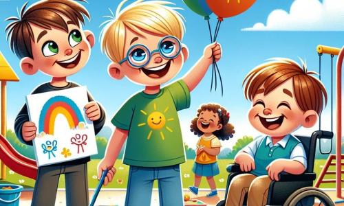 Trois garçons d'environ 8 ans se tiennent dans une cour d'école ensoleillée. Tom, aux cheveux bruns, sourit en tenant un dessin d'un ballon coloré. Max, blond avec des lunettes, montre son dessin d'un soleil éclatant. Lucas, joyeux aux cheveux châtains, est dans son fauteuil roulant avec un dessin d'un grand arbre vert. La cour est remplie de jeux colorés et des enfants jouent autour d'eux sous un ciel bleu avec quelques nuages. Les garçons partagent leurs dessins et rient ensemble, illustrant la joie de l'amitié dans leur nouvelle école.