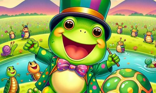 Léon, une grenouille malicieuse à la peau verte brillante et aux taches jaunes, porte un chapeau melon coloré et saute joyeusement sur un nénuphar. Sa meilleure amie, Camille la tortue, avec sa carapace verte ornée de motifs colorés, l'encourage en levant une patte. En arrière-plan, un champ verdoyant est rempli d'animaux joyeux, comme des sauterelles et des escargots, réunis pour une fête. La scène montre Léon dansant et sautant, entouré de rires et de couleurs vives, tandis que le soleil se couche, teintant le ciel d'orange et de rose.