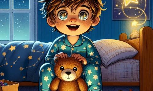 Lucas, un garçon de 4 ans aux cheveux bruns en désordre et aux yeux curieux, est assis sur son lit en pyjama bleu avec des étoiles blanches, tenant son ours en peluche. Son visage montre émerveillement et une légère peur en observant son environnement. À ses côtés flotte Stella, une étoile scintillante au sourire chaleureux, entourée d'une lumière dorée. La chambre de Lucas est décorée de murs bleu nuit avec des posters de planètes et de constellations, et une fenêtre laisse passer la lumière des étoiles. Lucas joue avec un camion en plastique, imaginant des aventures dans une forêt sombre, tandis que Stella lui montre que le noir peut être magique et plein de surprises.