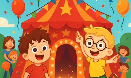Deux personnages principaux : Tom, un garçon de 5 ans aux cheveux bruns en bataille, portant un t-shirt rouge et un short bleu, se tient devant un chapiteau avec des yeux écarquillés de joie. Léo, également âgé de 5 ans, avec des cheveux blonds et des lunettes rondes, est habillé d’un t-shirt jaune et d’un pantalon vert, et saute de joie à côté de Tom en montrant le chapiteau. L'histoire se déroule devant un grand chapiteau de cirque rouge orné d’étoiles dorées, avec des drapeaux colorés flottant au vent et des lumières brillantes illuminant le sol. Tom et Léo, émerveillés, attendent avec impatience le début du spectacle, entourés de familles joyeuses, de ballons colorés et de confettis.