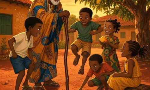 Sambou, homme au sourire doux et à la barbe blanche, pagne ocre et bleu et chapeau léger, plante un bâton poli au centre d'une cour d'école villageoise tandis que des enfants — Kofi (≈8 ans, curieux, prêt à courir), Awa (≈6 ans, tresses, robe jaune poussiéreuse) et trois autres (7 ans sautant, 9 ans tenant une mangue, 5 ans touchant la terre) forment un demi-cercle joyeux autour du bâton ; sol en terre rouge, fromager et manguier en arrière-plan, maisons en torchis, lumière chaude du crépuscule, atmosphère conviviale, illustration vectorielle aux contours nets et aplats de couleur.