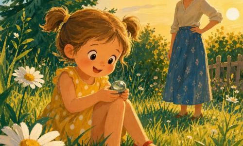 Une fillette de 4 ans joyeuse et curieuse, cheveux châtain clair en couettes, yeux ronds, assise dans l'herbe avec contre son genou un petit caillou lisse, rond et légèrement lumineux, porte une robe jaune à pois blancs et des chaussures rouges; sa maman d'environ 30 ans, souriante et douce, cheveux bruns attachés, se tient à quelques pas, main sur la hanche, regard bienveillant; jardin en fin d'après-midi avec herbe haute, grandes marguerites, une coccinelle sur une feuille et un sapin en arrière-plan, lumière dorée et longues ombres, ambiance calme et chaleureuse, couleurs douces et textures gouache visibles.