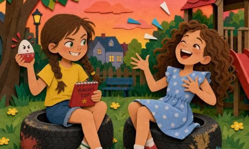 Deux filles de 9 ans, Zoé (cheveux châtains en deux tresses, yeux verts, t‑shirt jaune, short en jean) assise sur un pneu à gauche tenant un petit carnet rouge et un minuteur en forme d’œuf, et Mia (cheveux bruns bouclés lâchés, taches de rousseur, yeux noisette, robe à pois bleu clair) assise sur un pneu à droite, penchée en arrière en rigolant, mains levées ; petit parc de quartier au crépuscule avec herbe verte parsemée de fleurs jaunes, deux pneus comme sièges, toboggan rouge et cabane en bois, quelques arbres aux feuilles découpées en papier et ciel rose orangé ; elles participent à un concours de blagues, éclats de rire visibles en petites formes blanches et bleues, le minuteur‑œuf posé sur le carnet clignote en farceur, ambiance joyeuse, couleurs vives et textures de papier superposées.
