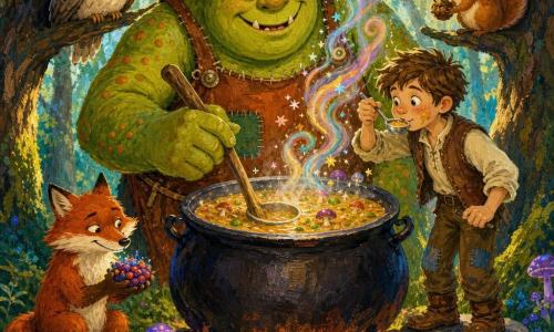 Un ogre amical et potelé à la peau vert tendre ponctuée de taches rousses, nez rond et fossettes, porte un tablier rapiécé couleur brique et remue un grand chaudron fumant d'où s'élèvent volutes scintillantes; à ses côtés, Pacifique, garçon d'environ 10 ans aux cheveux bruns en bataille et tâche de soupe sur la joue, goûte la soupe debout sur une pierre basse en tenant une louche. Un renard roux malicieux, les oreilles pointues et la queue fournie, tient des baies scintillantes, un écureuil fauve perché sur une branche basse tient une noix chantante, et un hibou crème aux grands yeux observe depuis une branche haute. La scène se déroule dans une clairière ensoleillée couverte de mousse émeraude, champignons phosphorescents et fleurs pétillantes, entourée de grands arbres noueux; ambiance de festin magique en plein air centrée sur le chaudron, vapeur colorée, gestes joyeux, palette chaude et textures visibles.