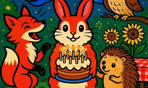 Un lapin anthropomorphe blanc et roux au pelage duveteux tient au centre un gâteau aux carottes avec onze bougies allumées, une renarde rousse élégante tourne en riant à gauche, un petit hérisson se blottit à droite, une chouette beige veille depuis une branche, trois grenouilles vertes tapent le sol devant la table, un ruban bleu forme un nœud en cœur au-dessus d'eux ; décor : jardin au crépuscule avec herbe, tournesols, guirlandes, nappe à carreaux rouge et blanc, lucioles ; scène : danse finale et câlin collectif autour du gâteau, lumières chaudes des bougies et palette vive façon pop art.