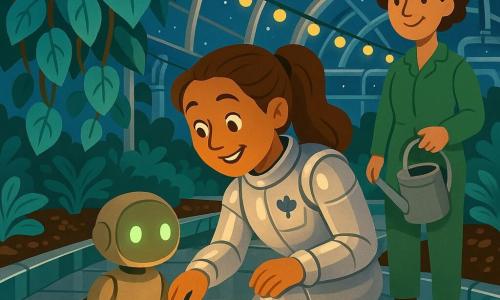 Capitaine Eve, souriante et concentrée, agenouillée, cheveux châtains en queue de cheval, en combinaison spatiale argentée avec une petite fleur bleu nuit dans la poche, dégage doucement la roue bloquée d’un petit robot-jardinier de 40 cm à carrosserie mate et yeux LED avec une petite pelle; Léa, scientifique d’environ 30 ans, tenue verte et cheveux courts bouclés, tient un arrosoir et l’observe bienveillante, légèrement en arrière à droite; la scène se déroule dans un cloître stellaire sous une grande verrière arrondie, sol métallique poli, allées de terre sombre et jardins suspendus aux grandes feuilles turquoise, guirlandes de lumières jaunes et tubes argentés en arrière-plan; ambiance calme et chaleureuse, grains de terre qui volent, éclairage chaud, style clair aux couleurs vives et contrastées, traits nets adaptés à un livre jeunesse.