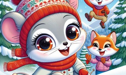 Une petite souris nommée Léa, avec un pelage gris et des yeux pétillants, glisse joyeusement sur une pente enneigée, souriante, portant un casque de ski rouge et une écharpe colorée. À ses côtés, Tom le lapin, avec ses grandes oreilles et son pelage blanc, saute dans la neige, riant, tandis qu’Emma la renarde, avec son pelage orange vif, applaudit en l’encourageant. Le décor est une vallée hivernale avec des sapins chargés de neige sous un ciel bleu clair. Léa s’élance sur la pente, pleine d’énergie, tandis que ses amis l’encouragent, créant une ambiance joyeuse.