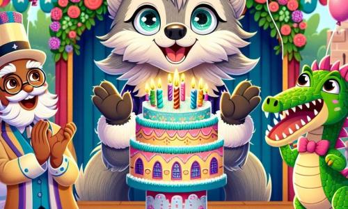 Au centre de l'image, Loupino, un petit loup au pelage gris argenté et aux yeux malicieux, est sur scène, souriant avec un gâteau d'anniversaire en forme de château, décoré de bougies scintillantes. À sa droite, le marionnettiste, souriant avec un chapeau haut de forme, applaudit avec fierté, à côté d'une marionnette en bois, un dragon aux écailles vertes qui amuse les enfants. En arrière-plan, une foule d'enfants et de parents applaudit, souriants, certains tenant des ballons colorés. Le décor est un théâtre en plein air, entouré de fleurs et de guirlandes lumineuses, créant une atmosphère festive. La scène montre Loupino soufflant ses bougies, célébrant un moment de joie et d'amitié.