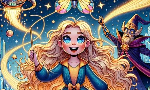 Une petite fille de 8 ans, Nova, avec des cheveux dorés et des yeux pétillants, pilote l'Aéroflot Magique, un cerf-volant aux ailes de papillon scintillantes. À sa droite, Techno, un robot aux formes arrondies, observe avec excitation. À gauche, un sorcier à la barbe flamboyante lève sa baguette magique, prêt à lancer un sort. Le décor est un ciel étoilé avec des planètes colorées et des nuages de poussière d'étoiles. En dessous, une forêt de cristal étincelante s'étend. Nova fait voler l'Aéroflot Magique, entourée de robots et de sorciers émerveillés par leur collaboration entre science et magie.