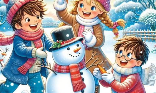 Dans un jardin enneigé, trois amis s'amusent. Léo, 7 ans, avec des cheveux bruns en bataille, porte un manteau bleu et un bonnet rouge. Il lance une boule de neige vers Hugo, qui est accroupi près d'un bonhomme de neige en ajoutant une carotte pour le nez. Emma, 6 ans, avec des cheveux blonds tressés, porte une écharpe rose et des gants blancs, riant en regardant Léo. Le jardin est couvert de neige scintillante, avec des arbres chargés de neige et un ciel bleu éclatant. Les amis jouent ensemble, créant des souvenirs joyeux en construisant un bonhomme de neige.